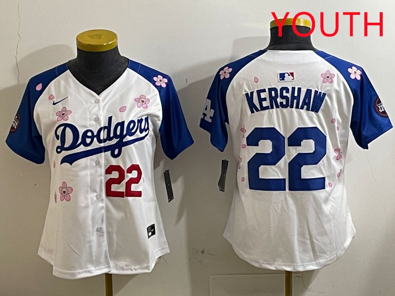 Youth Los Angeles Dodgers 22 Kershaw White Blue Sakura Edition 2025 Nike MLB Jersey style 4